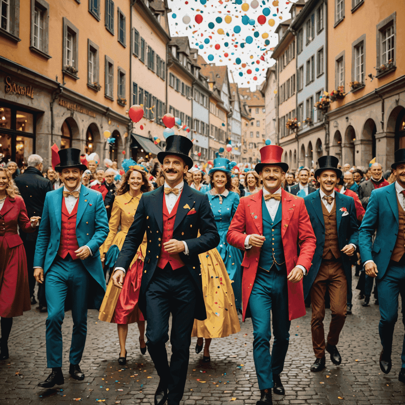 Ein buntes Fasnachtsfest in Basel mit kostümierten Teilnehmern, die durch die Altstadt ziehen. Konfetti fliegt durch die Luft, und im Hintergrund sind historische Gebäude zu sehen.