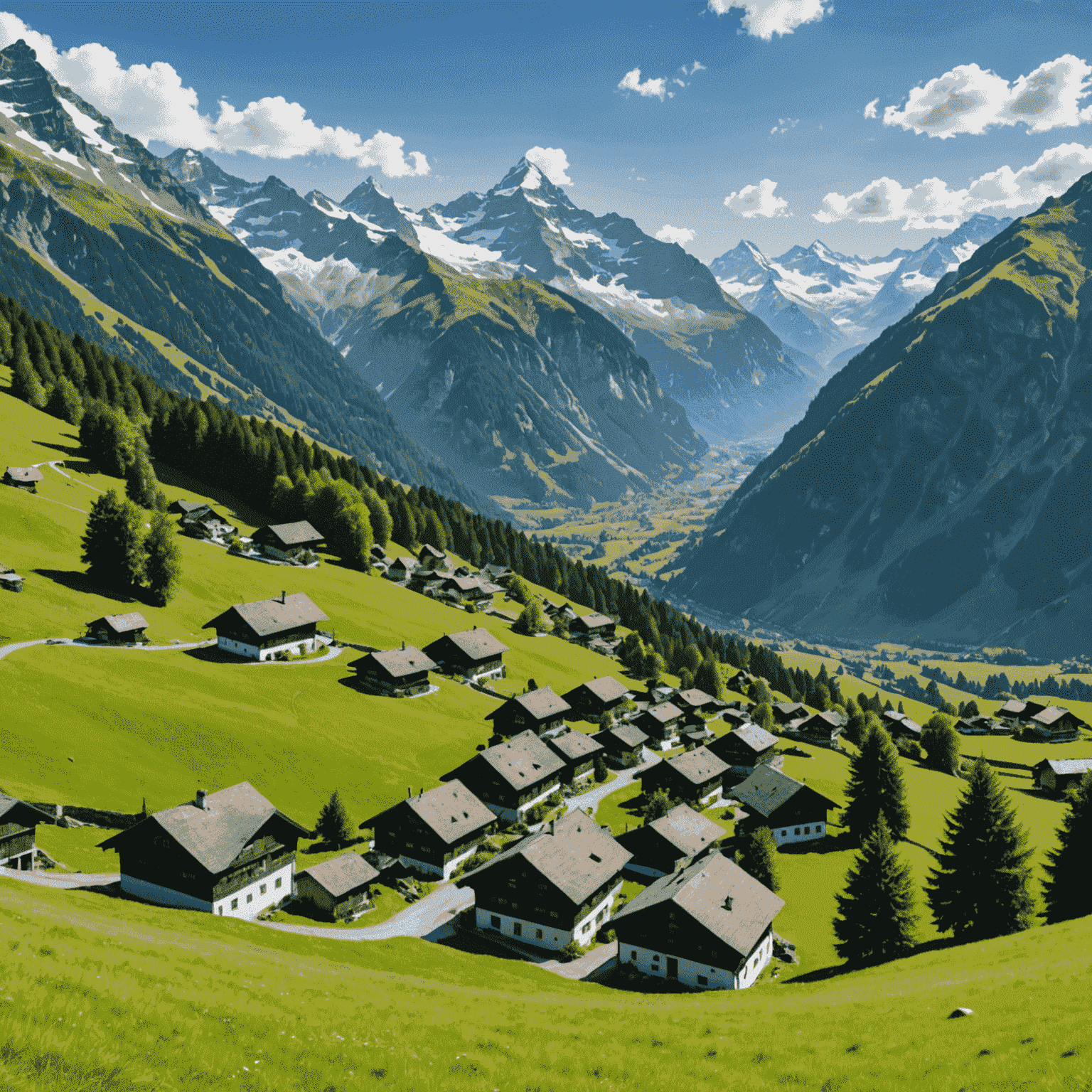 Panoramablick auf ein abgelegenes Schweizer Bergdorf, umgeben von üppigen grünen Wiesen und schneebedeckten Gipfeln im Hintergrund