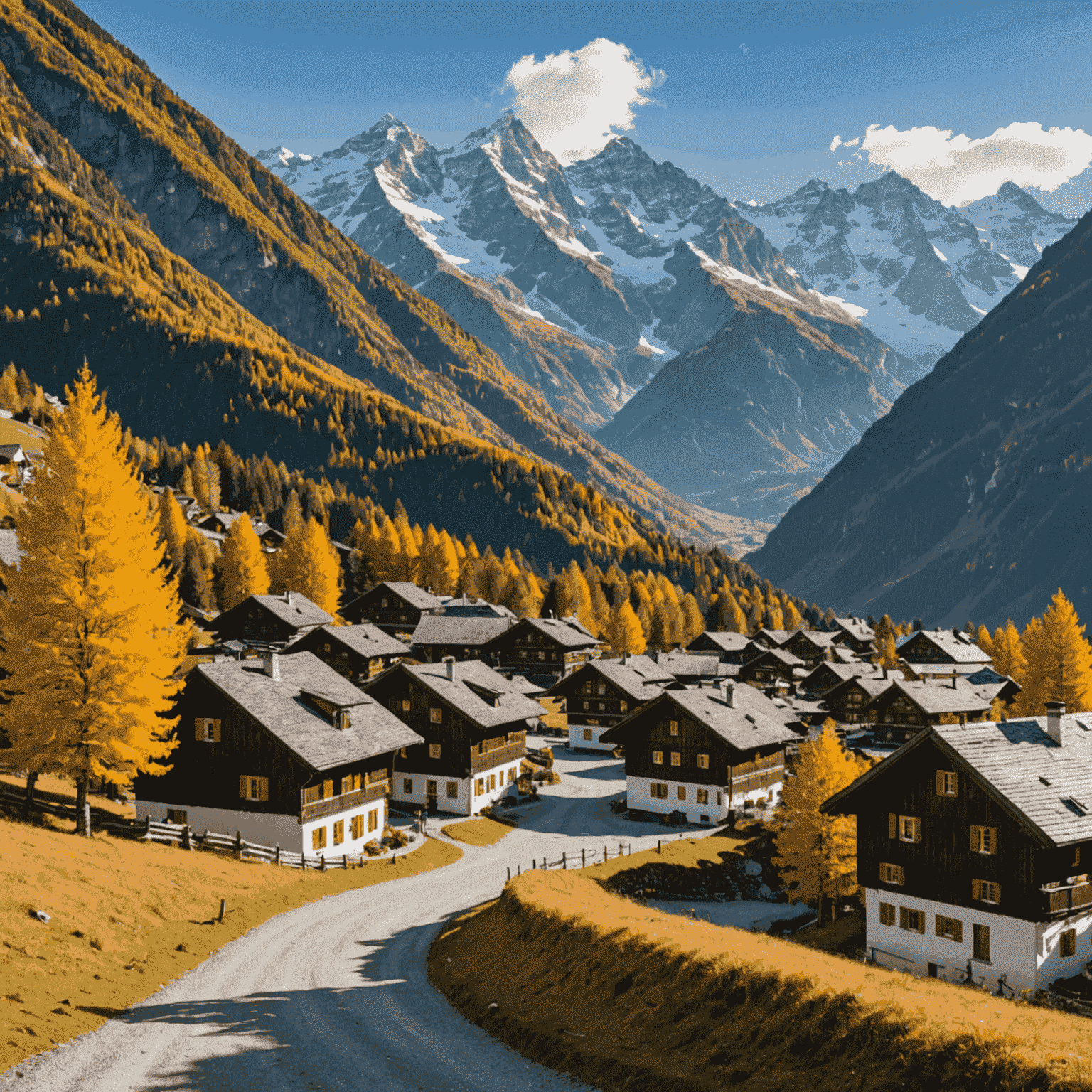 Blick auf das Lötschental im Herbst, mit traditionellen Holzhäusern vor einem Hintergrund von goldenen Lärchen und schneebedeckten Bergen