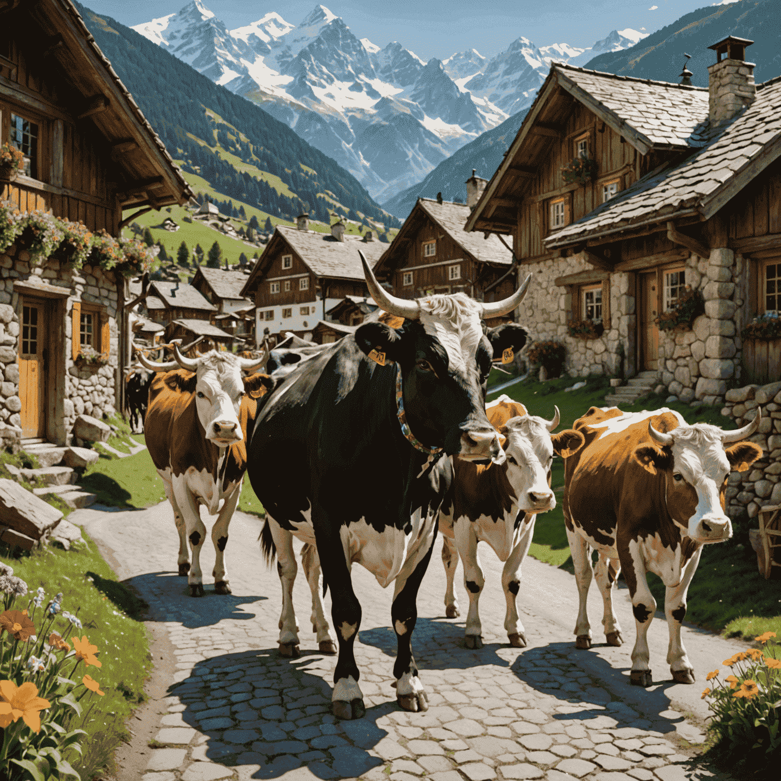 Geschmückte Kühe werden von Sennen in traditioneller Tracht durch ein malerisches Alpendorf geführt. Die Häuser sind mit Blumen geschmückt, und im Hintergrund ragen schneebedeckte Berge auf.