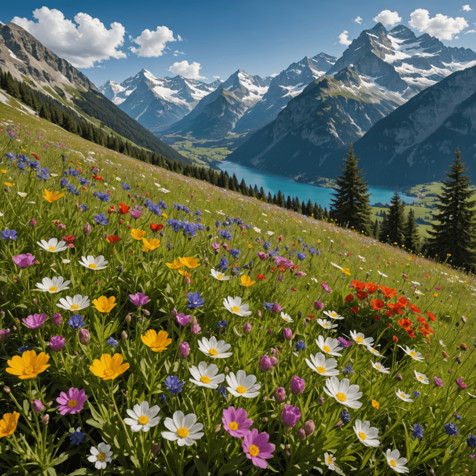 Weite Blumenwiese im Engadin voller bunter Alpenblumen, mit schneebedeckten Berggipfeln am Horizont