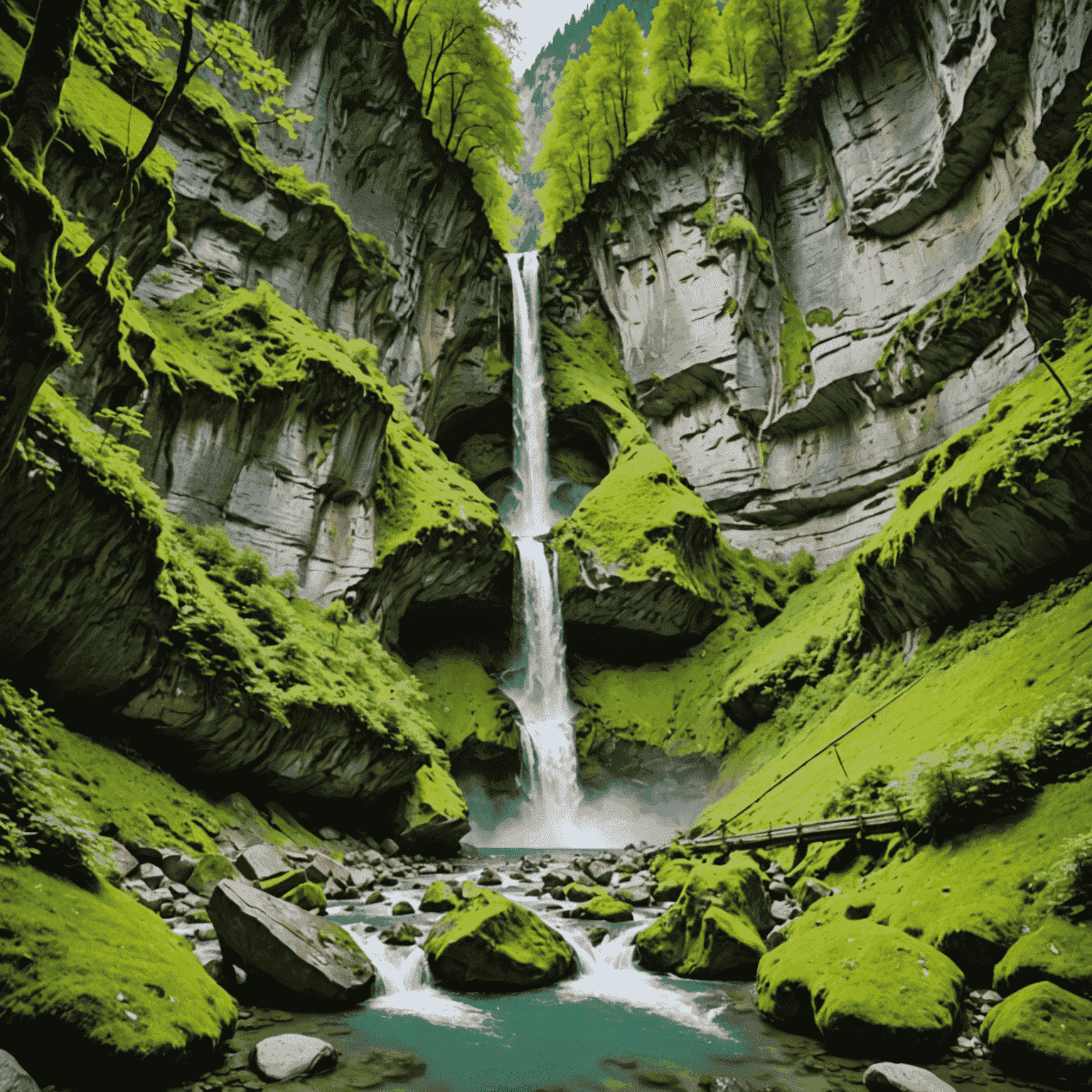 Versteckter Wasserfall in einer grünen Schlucht nahe Lauterbrunnen, umgeben von üppiger Vegetation und moosbedeckten Felsen