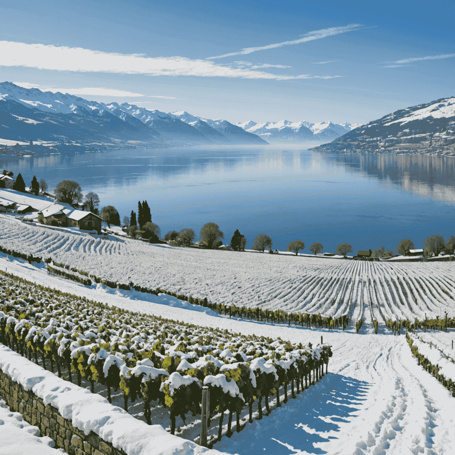 Schneebedeckte Terrassen der Lavaux-Weinberge am Genfersee, mit klarem Blick auf die Alpen im Hintergrund